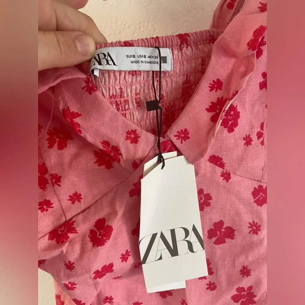 NWT Zara Floral Ruffle Linen V-Neck Mini Dress Pink/ Red Sz S
